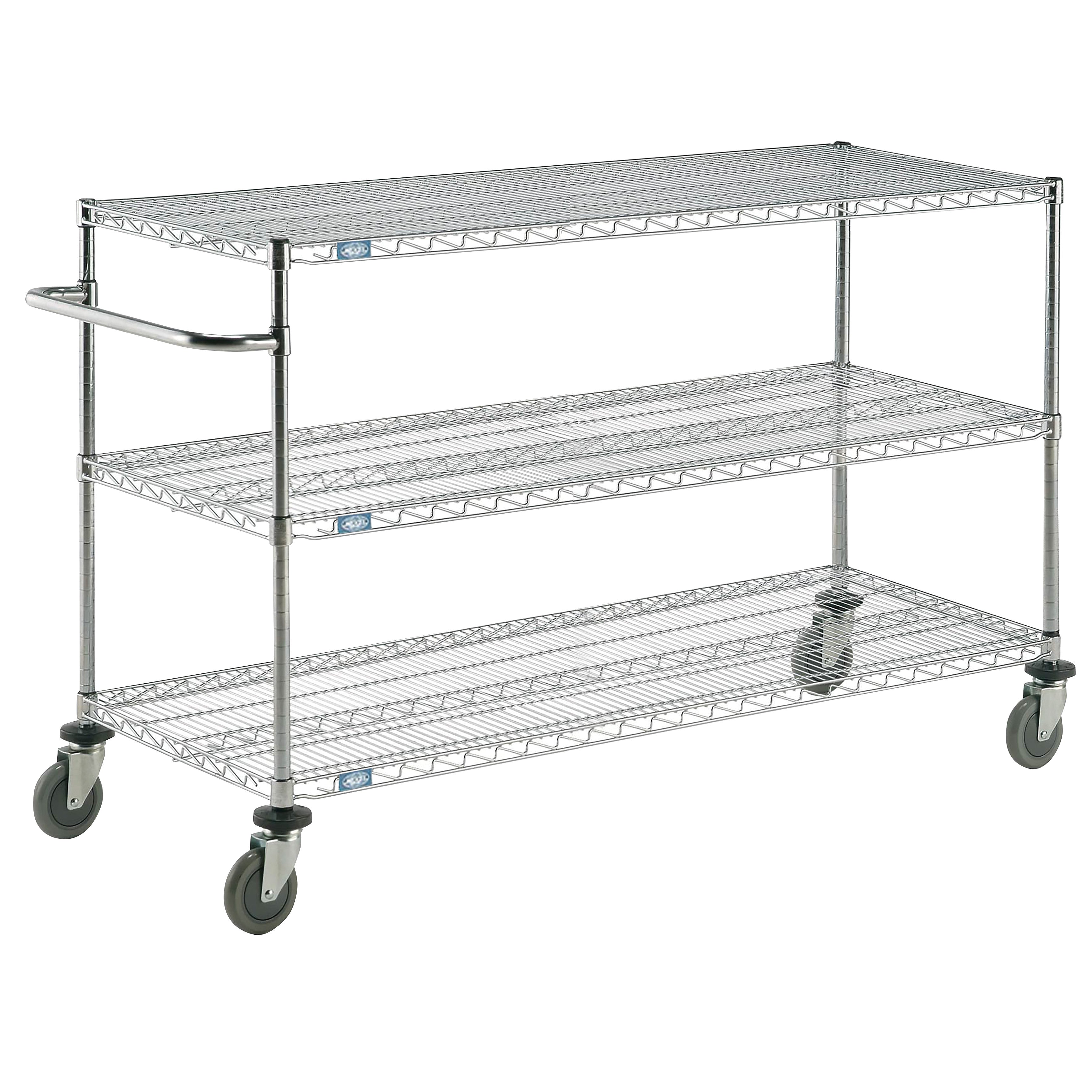 Nexel Adjustable 3-Shelf Utility Cart with chrome wire shelves and four caster wheels, featuring a handle for easy maneuvering.