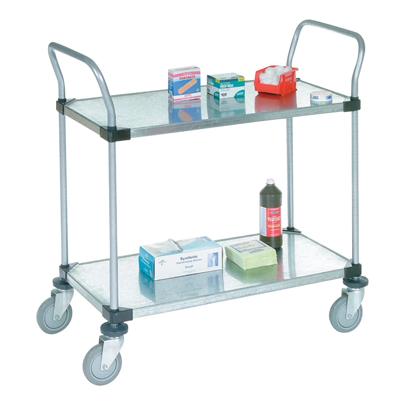 Nexel Heavy Duty Stainless Steel Utility Cart with two shelves holds various medical supplies, including bandages and a bottle.