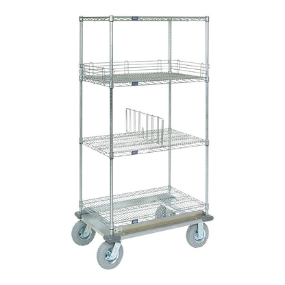 Nexel Dolly Truck with three-tier metal wire shelves and four large rubber wheels for easy mobility and storage.