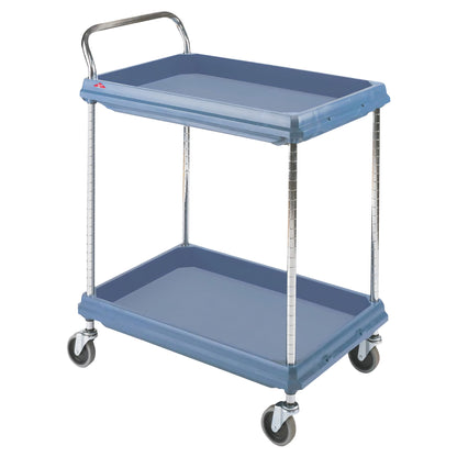 The Metro Deep Ledge Utility Cart with Microban is a two-tier cart with blue shelves, a handle, and four swivel casters.