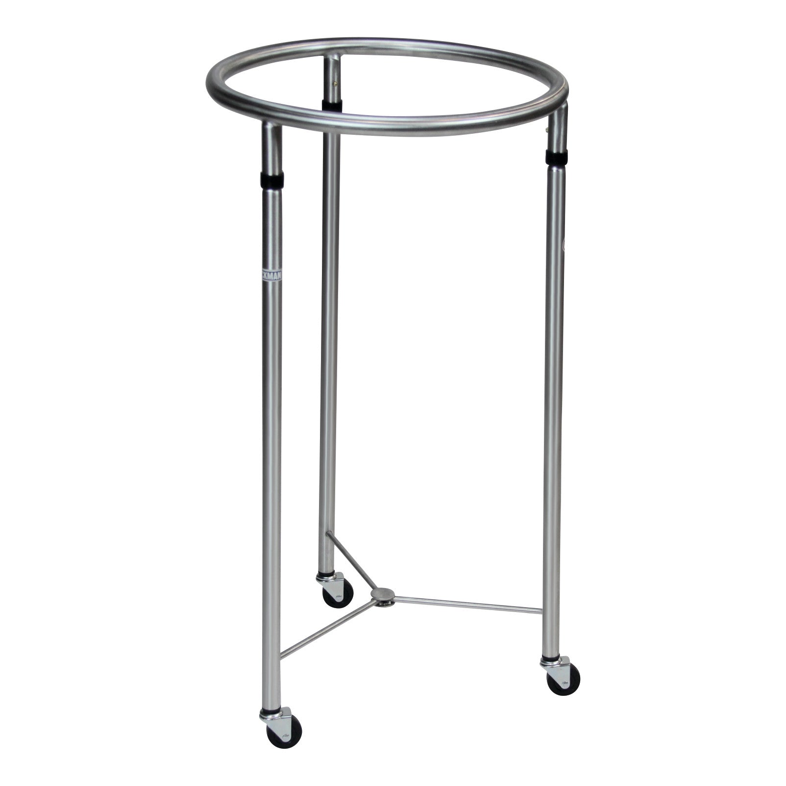 Blickman Open Round Hamper with a metal frame, circular top, and three legs on wheels, designed for holding laundry bags.