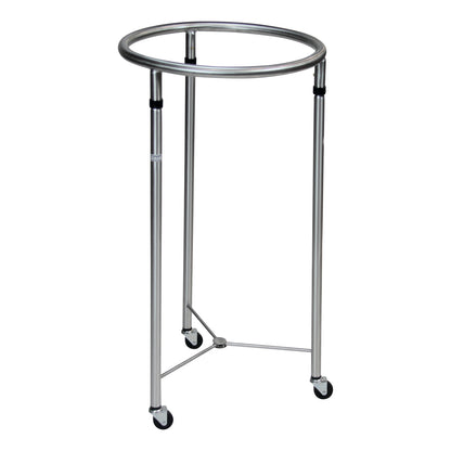 Blickman Open Round Hamper with a metal frame, circular top, and three legs on wheels, designed for holding laundry bags.