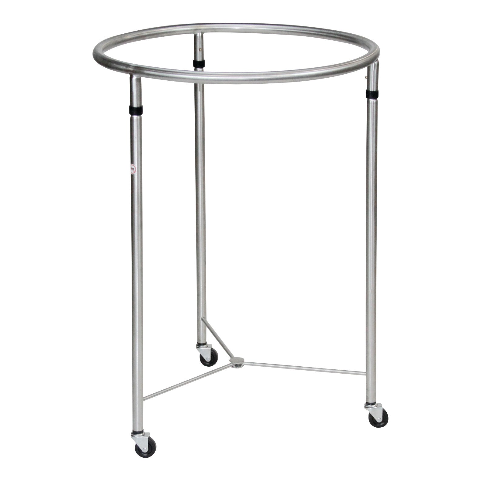 Blickman Open Round Hamper with a circular metal frame and three legs on wheels for mobility.