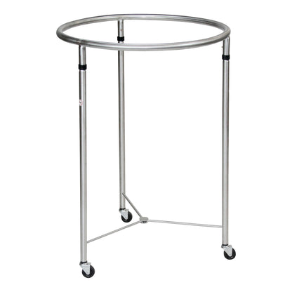 Blickman Open Round Hamper with a circular metal frame and three legs on wheels for mobility.