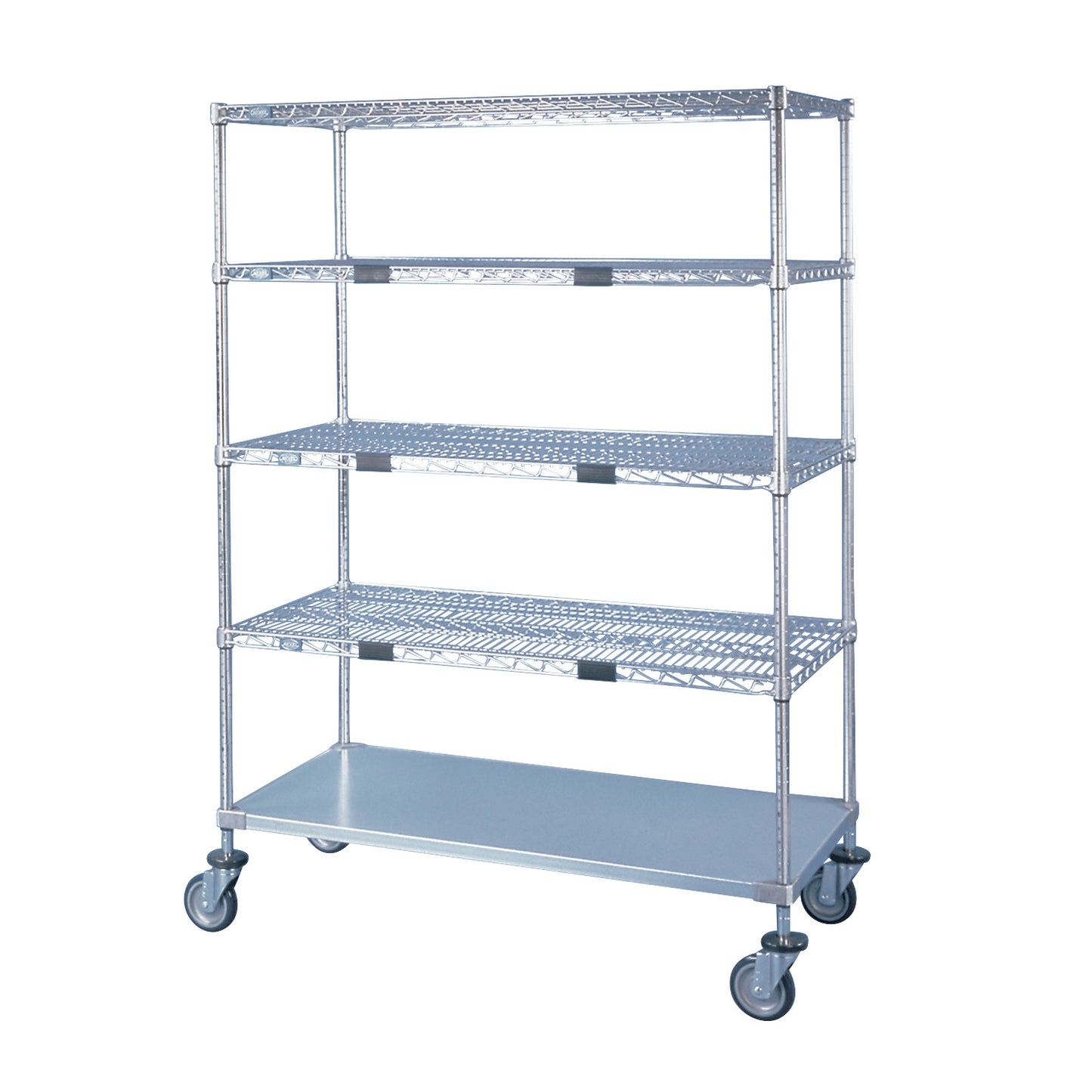 Nexel Open Exchange and Linen Transport Truck with four wire shelves and casters, designed for versatile storage and mobility.