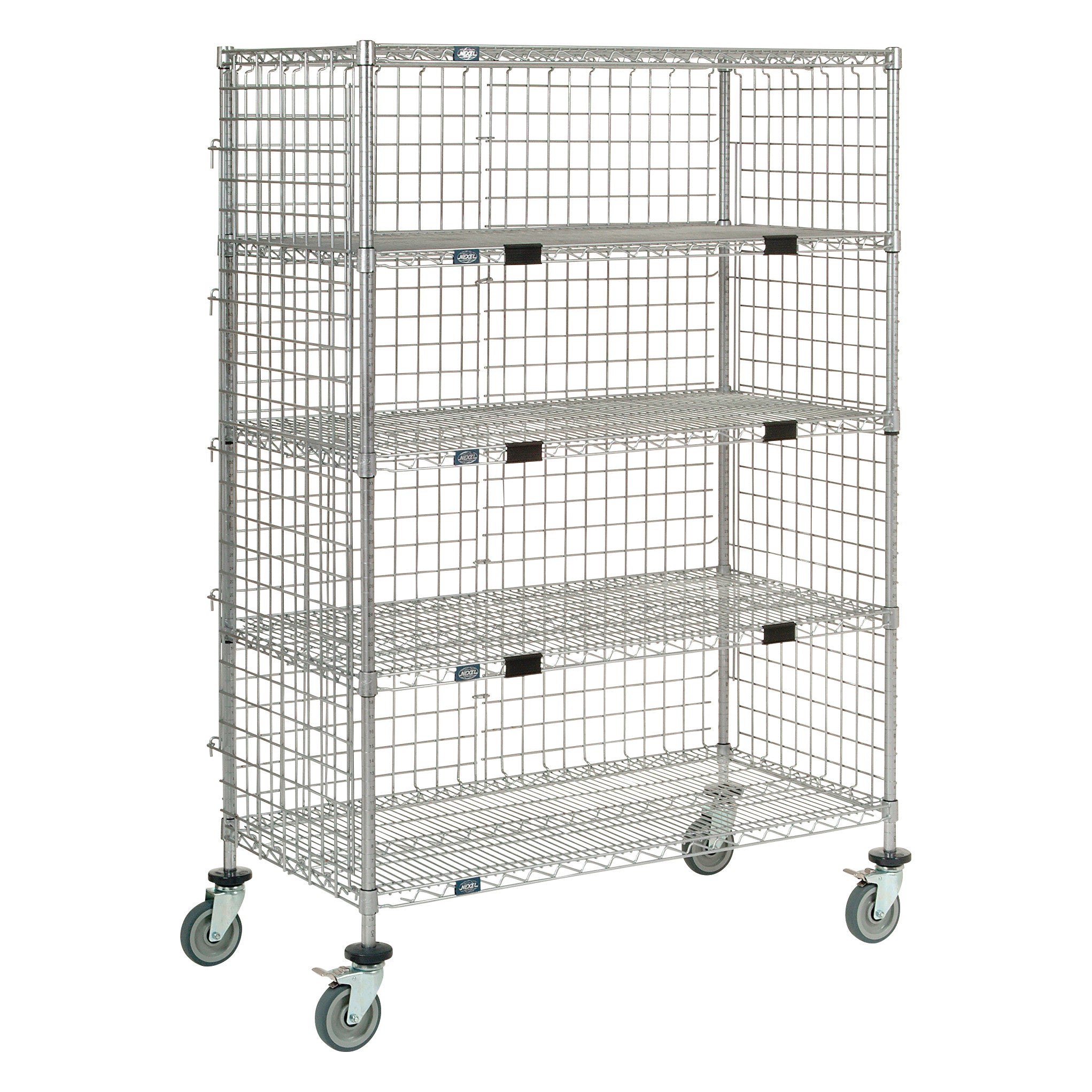A Nexel Enclosed Exchange and Linen Transport Truck with four wire grid shelves and swivel casters for easy movement.