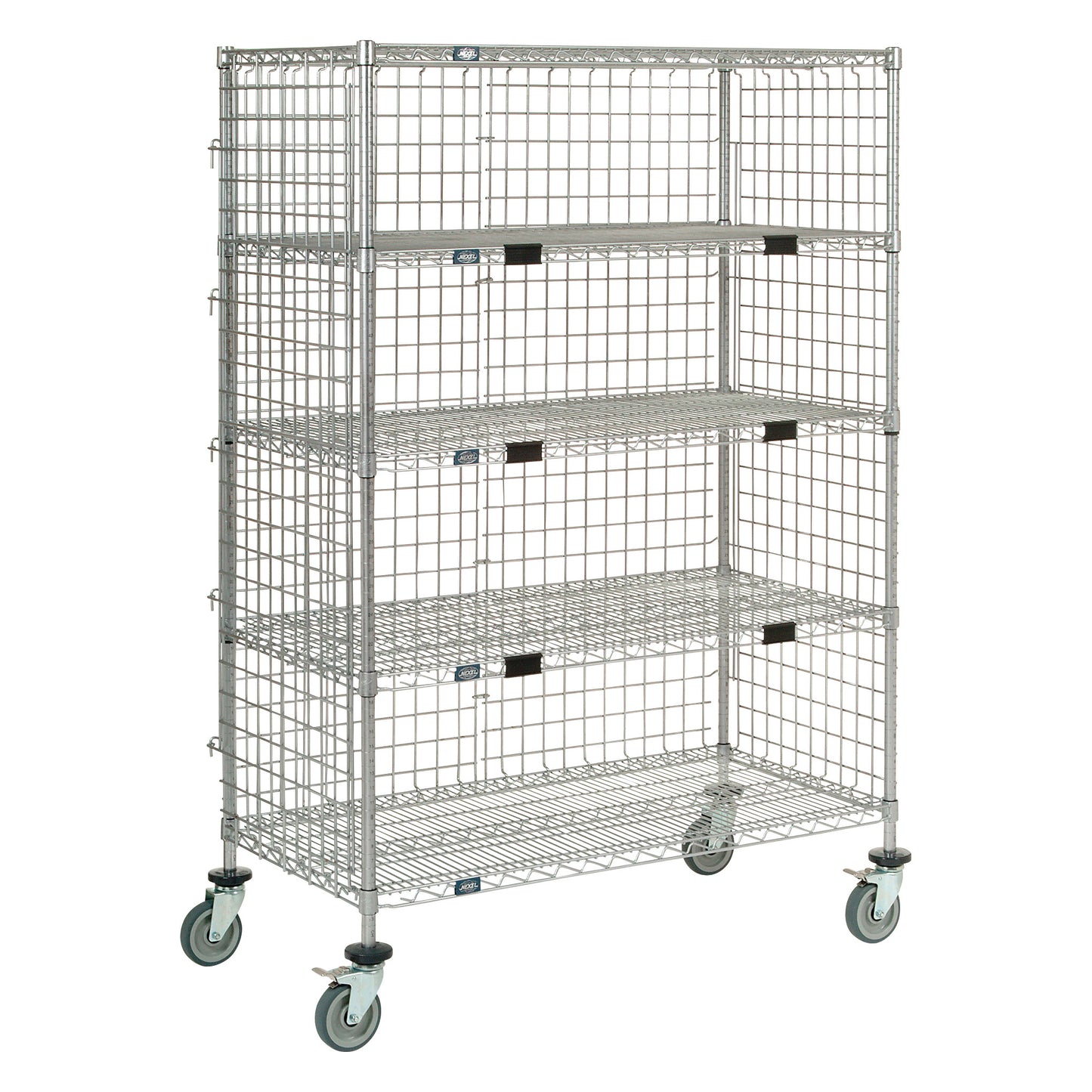 A Nexel Enclosed Exchange and Linen Transport Truck with four wire grid shelves and swivel casters for easy movement.