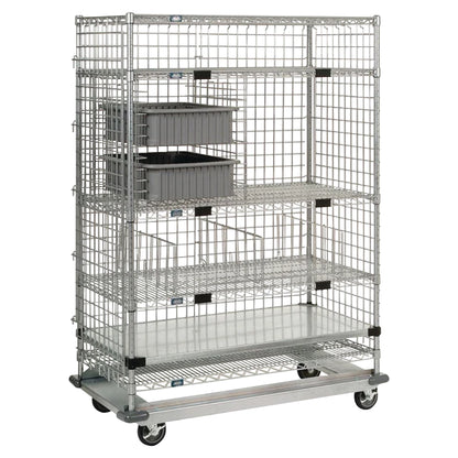 Nexel Enclosed Exchange and Linen Transport Truck with wire mesh structure, multiple shelves, and wheels, featuring two gray bins.