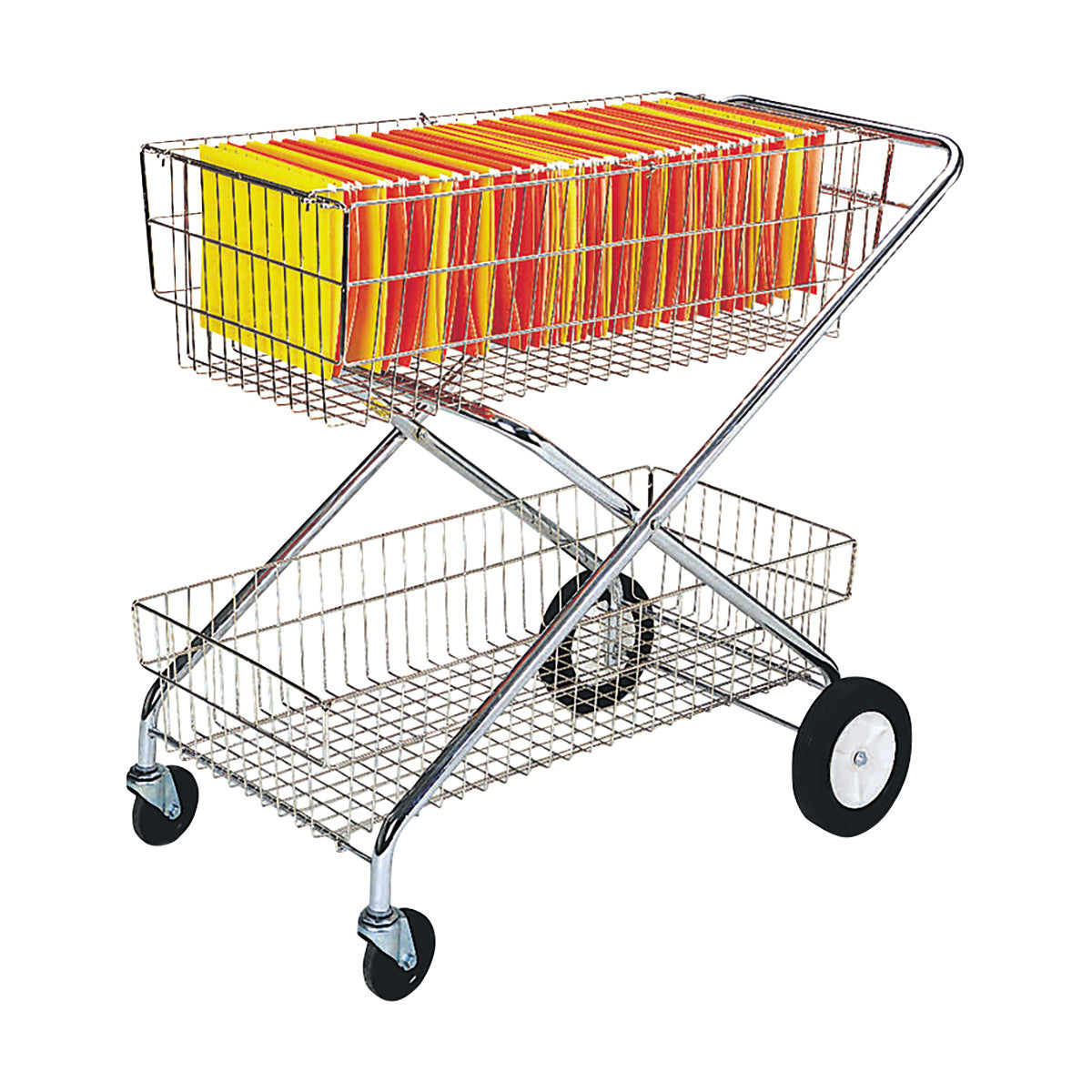 A Nexel Wire Utility Mail Cart with two wire shelves. The top shelf holds colorful file folders. It has four wheels for mobility.