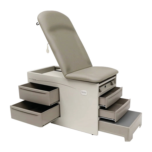 Brewer Access Exam Table with cushions, various storage drawers, and a step, designed for medical examination use.