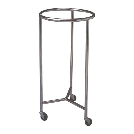 A metal Round Hamper Stand with a circular top and three legs, each with a caster wheel at the bottom for mobility.