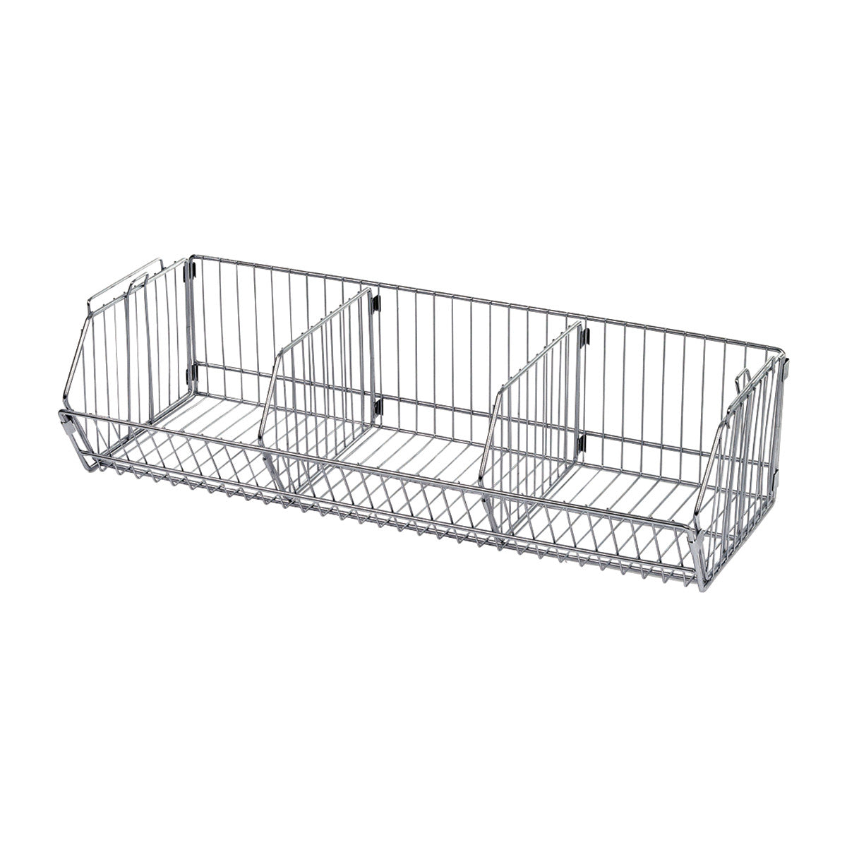 A metal "Wire Bin for Nexel Wire Bin Shelving" with three compartments and a durable wire frame construction.