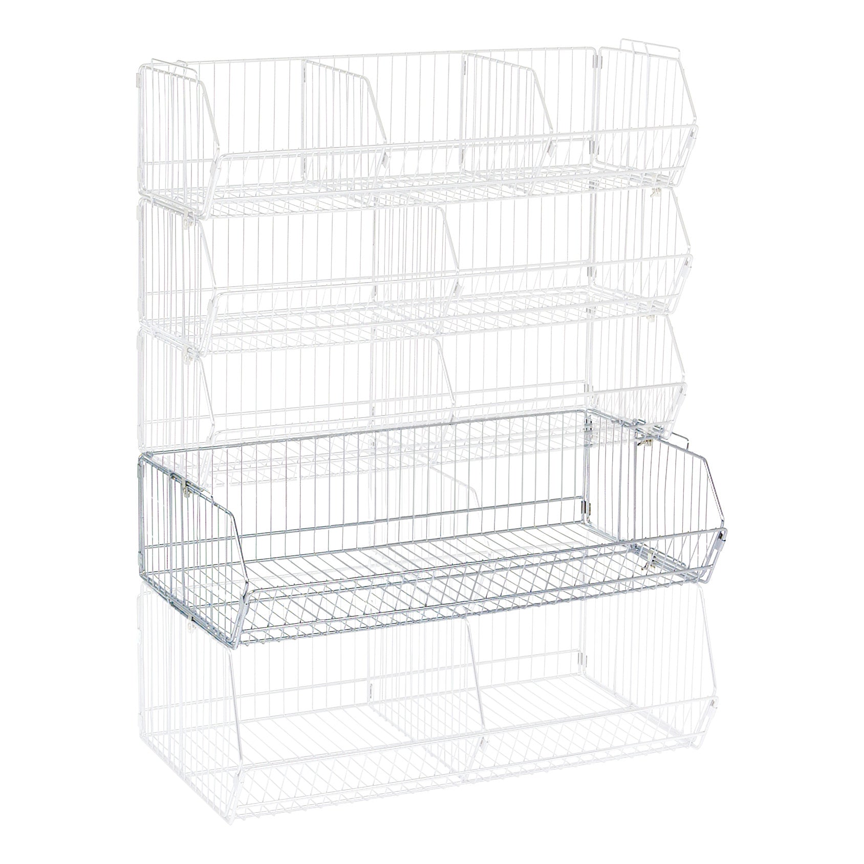 Wire Bin for Nexel Wire Bin Shelving with four tiers of white wire baskets, used for organizing or storing items.