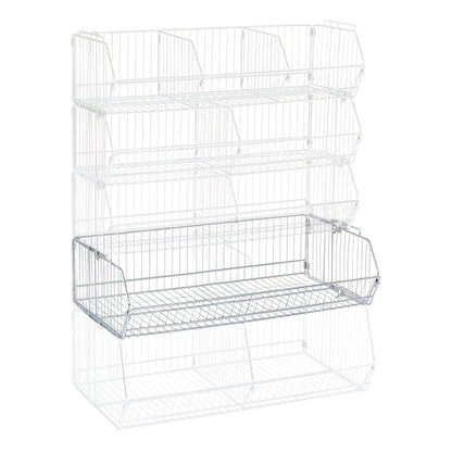 Wire Bin for Nexel Wire Bin Shelving with four tiers of white wire baskets, used for organizing or storing items.
