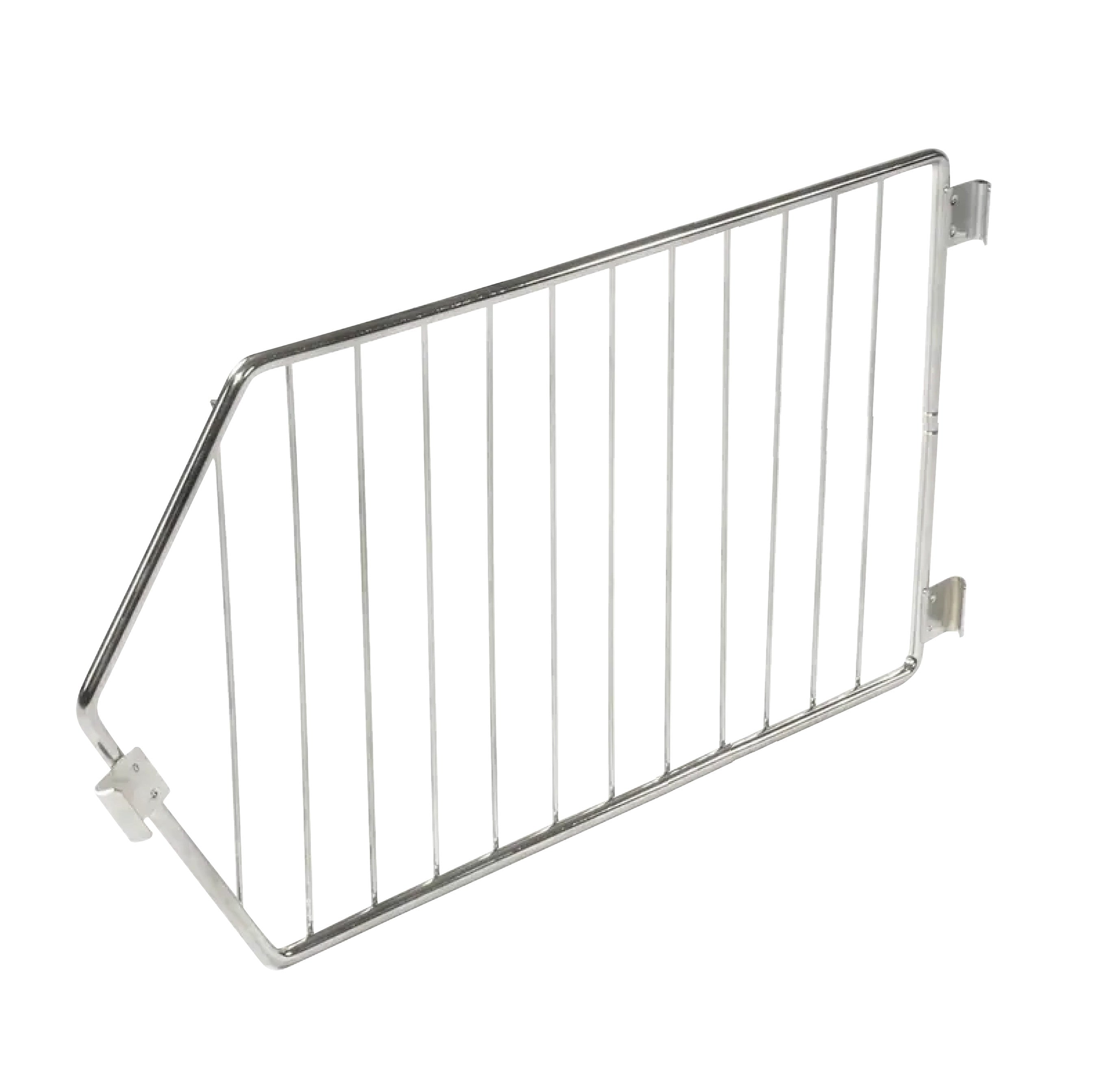 Metal partition for organizing shelves. Divider for Nexel Wire Bin Shelving with vertical bars and mounting brackets.