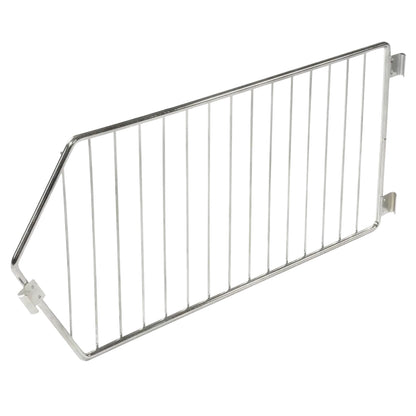 Metal divider for Nexel Wire Bin Shelving with vertical rods and mounting brackets on both sides.