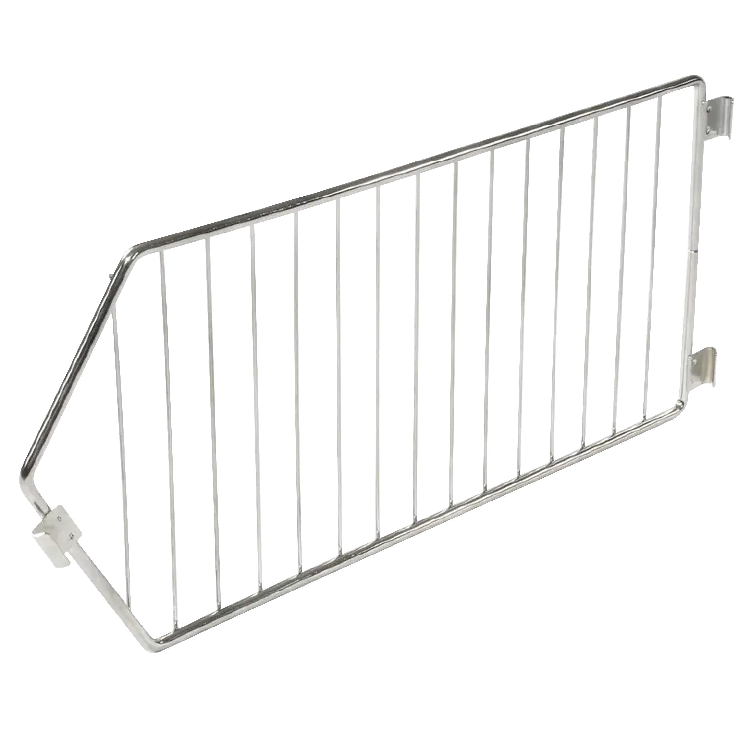 Metal divider for Nexel Wire Bin Shelving, featuring vertical rods with a slanted side and mounting brackets.