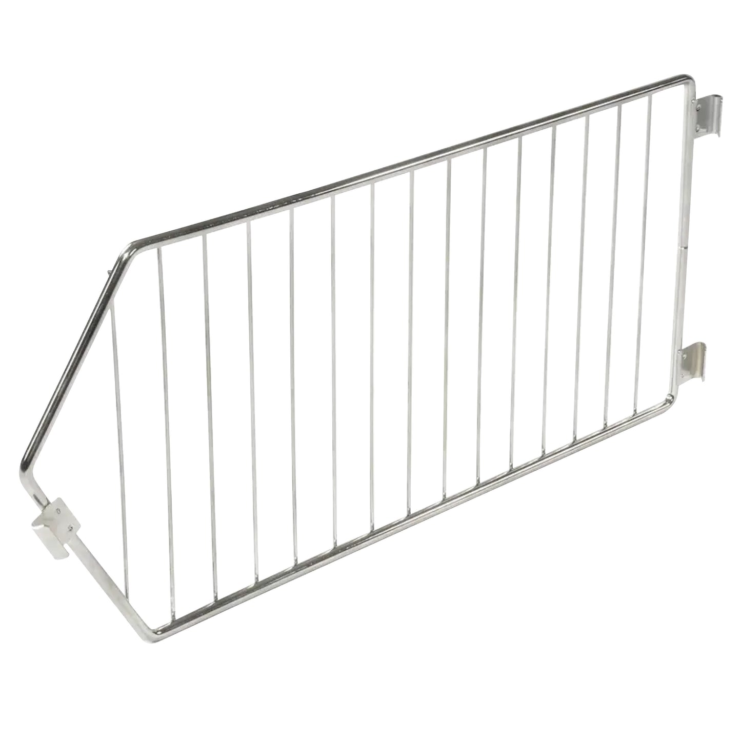 Metal divider for Nexel Wire Bin Shelving, featuring vertical rods with a slanted side and mounting brackets.