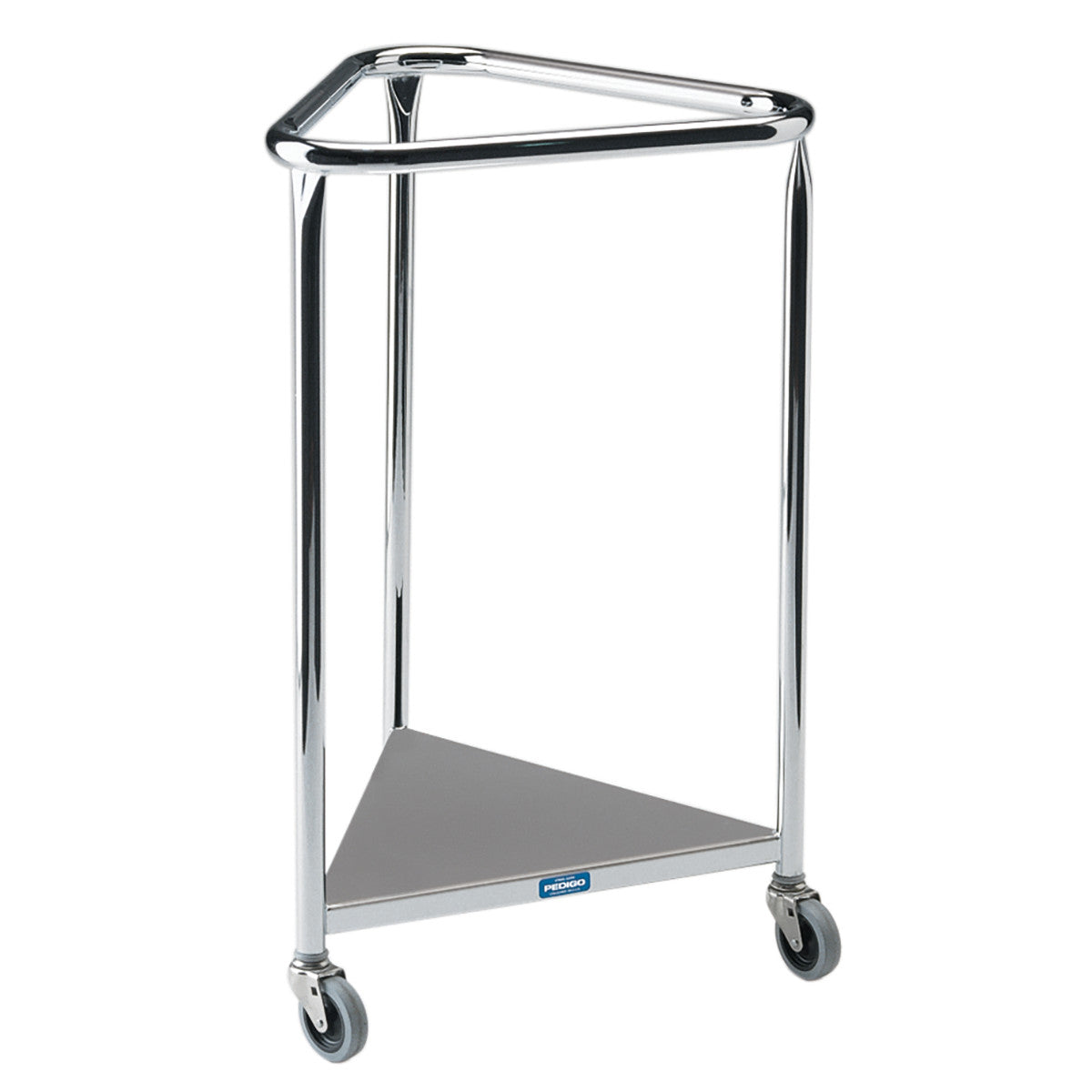 Triangular Pedigo Hamper with a metal frame and caster wheels. Designed for easy mobility and stability.