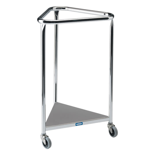 Triangular Pedigo Hamper with a metal frame and caster wheels. Designed for easy mobility and stability.