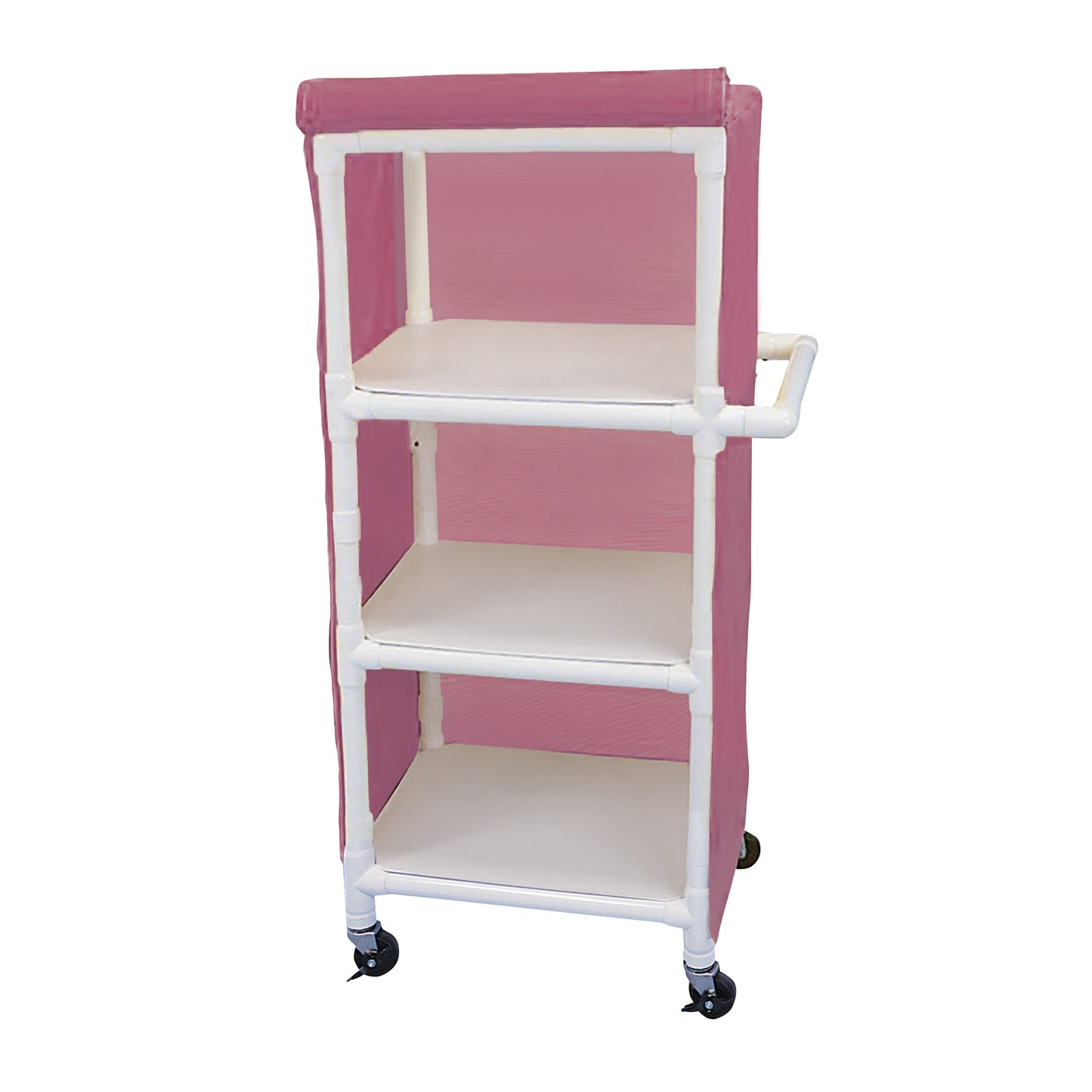 Healthline PVC Linen Cart with Cover is a pink, three-shelf cart with a white frame and wheels for mobility.
