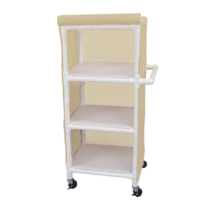 Healthline PVC Linen Cart with Cover, featuring three shelves, white frame, beige cover, and four wheels for mobility.