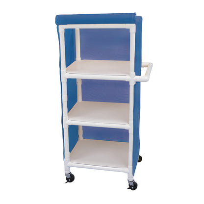 Healthline PVC Linen Cart with Cover, featuring three white shelves, blue fabric cover, white frame, and black caster wheels.