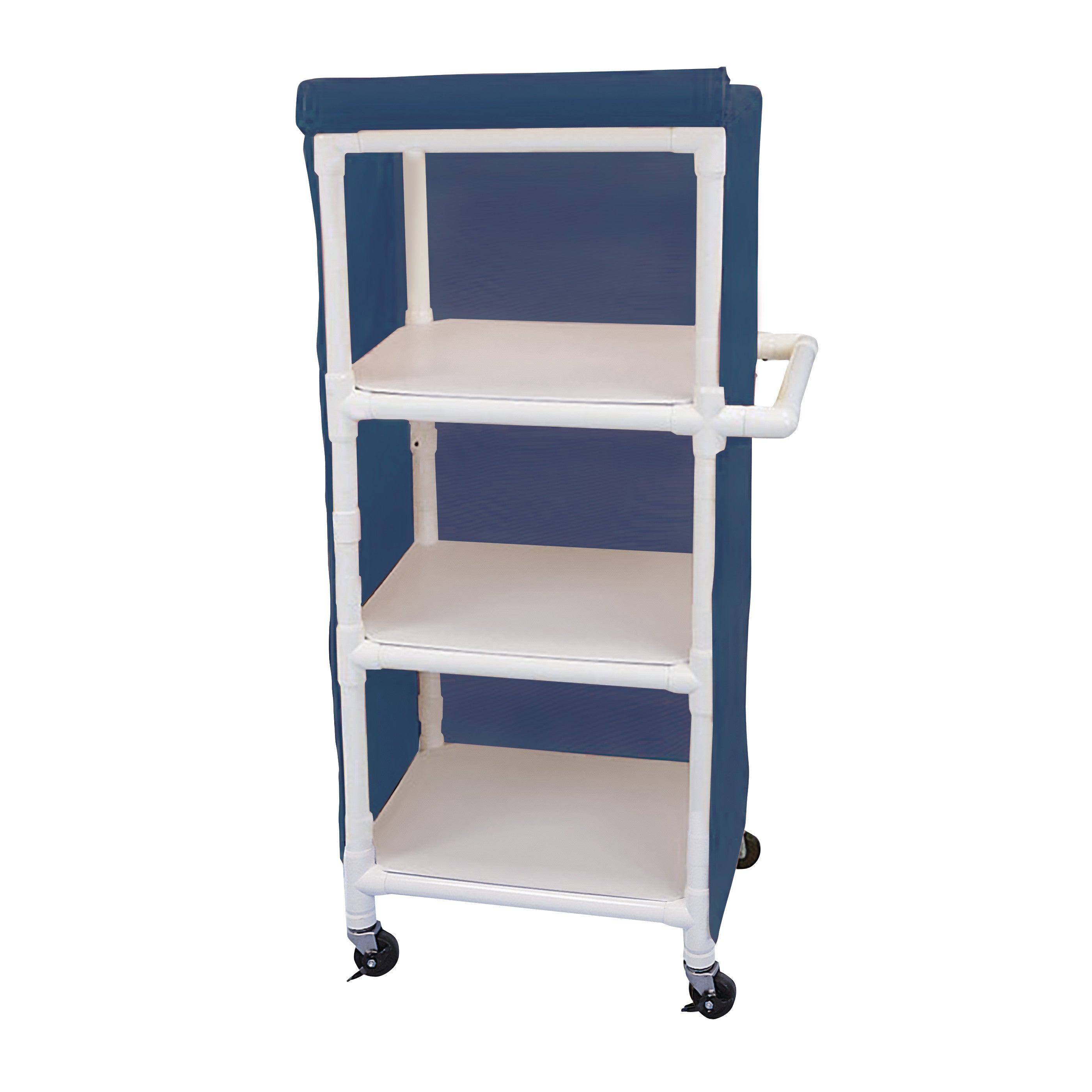 The Healthline PVC Linen Cart with Cover is a three-shelf cart made of white PVC with a blue fabric cover and caster wheels.
