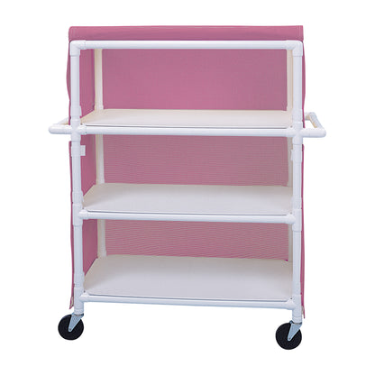 Healthline PVC Linen Cart with Cover, featuring a pink and white design with three shelves and four wheels for mobility.