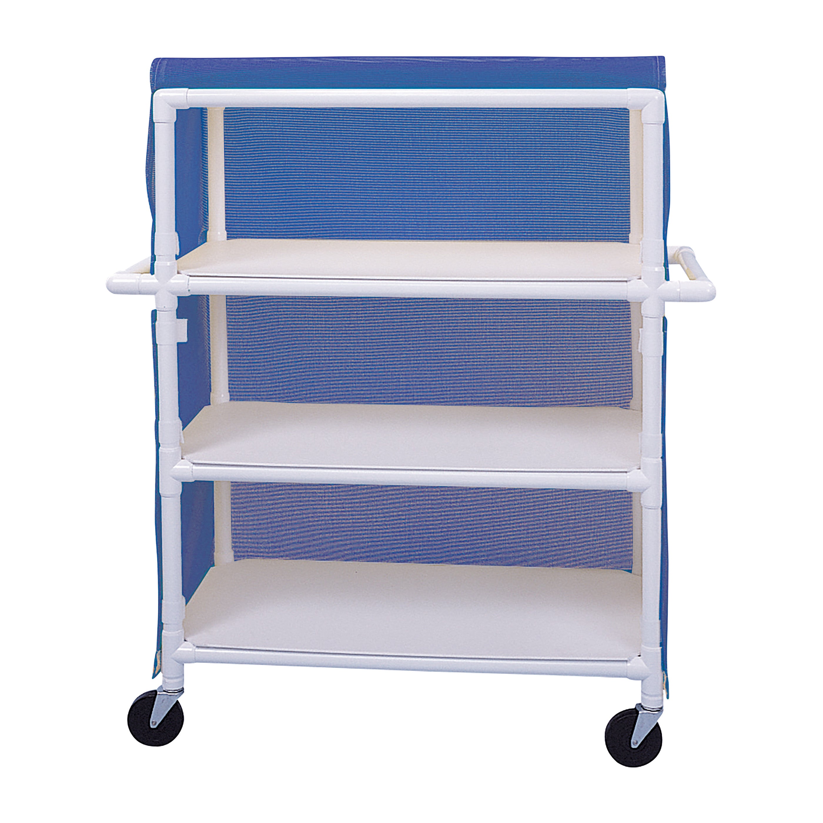 A Healthline PVC Linen Cart with Cover featuring three white shelves, blue mesh sides, and four black wheels for mobility.
