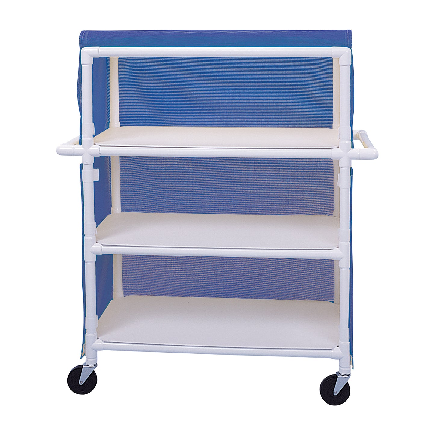 A Healthline PVC Linen Cart with Cover featuring three white shelves, blue mesh sides, and four black wheels for mobility.