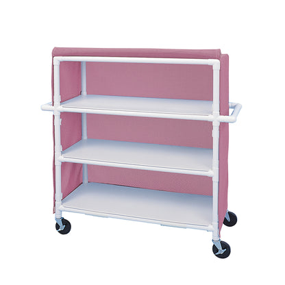 The Healthline PVC Linen Cart with Cover features a white PVC frame, pink fabric cover, three shelves, and four caster wheels.