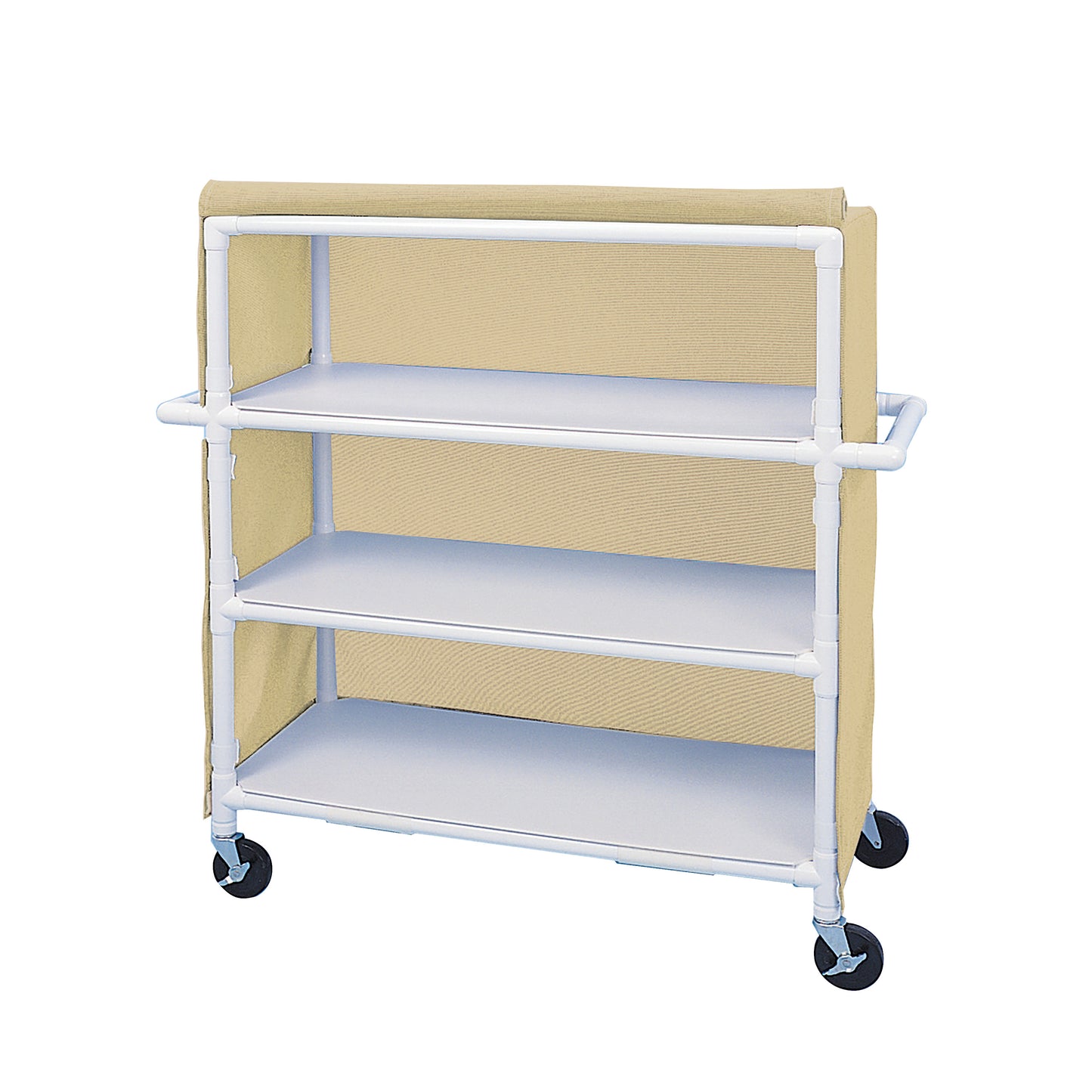 Healthline PVC Linen Cart with Cover features three shelves, a beige cover, and four wheels for mobility.