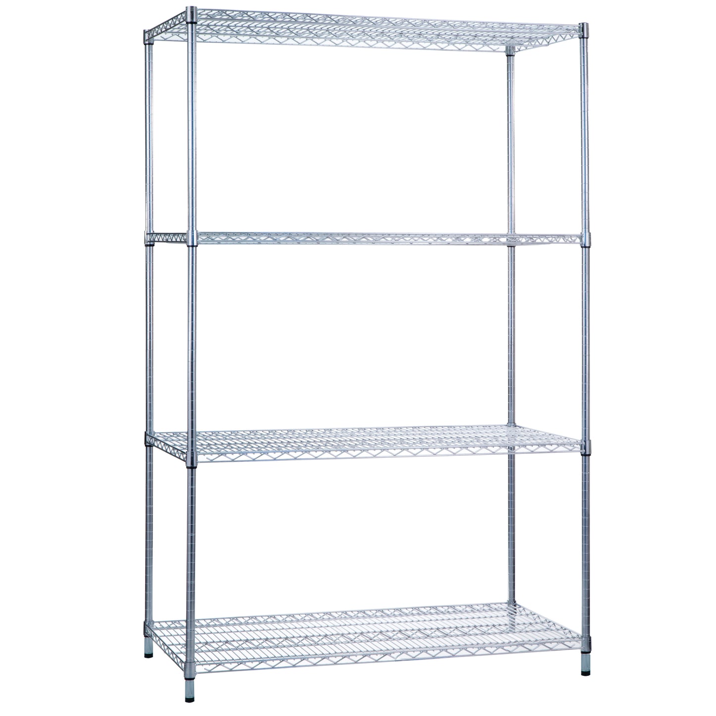 Metallic Wire Shelving unit with four tiers and a sturdy frame, suitable for storage and organization.