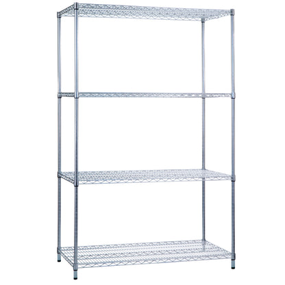 Metallic Wire Shelving unit with four tiers and a sturdy frame, suitable for storage and organization.