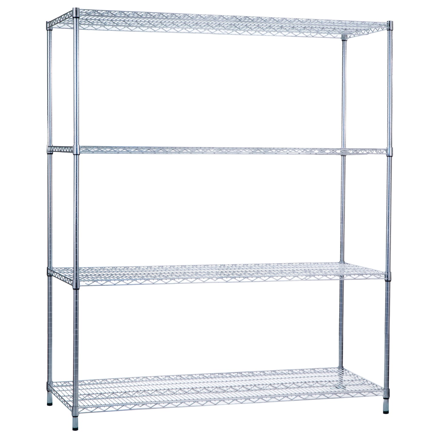 A four-tiered metal Wire Shelving unit with adjustable shelves and a sleek, open design for versatile storage.