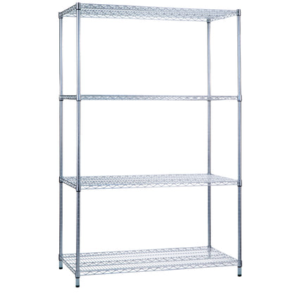 Metal wire shelving unit with four adjustable tiers, called "Wire Shelving," designed for storage and organization.