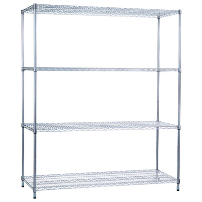 A metal wire shelving unit with four tiers, featuring a sleek design. The product is named "Wire Shelving."