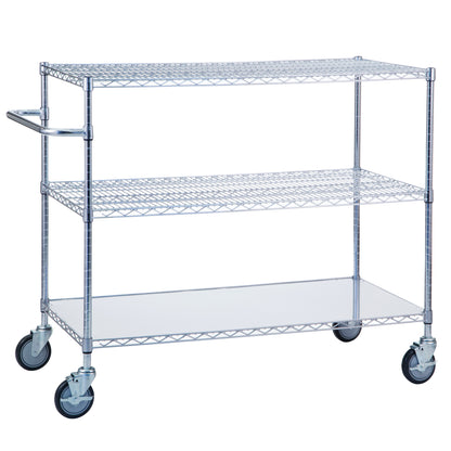 Three-tiered 3-Shelf Chrome Utility Cart with wire shelves and four wheels, including a handle on one end for easy maneuvering.