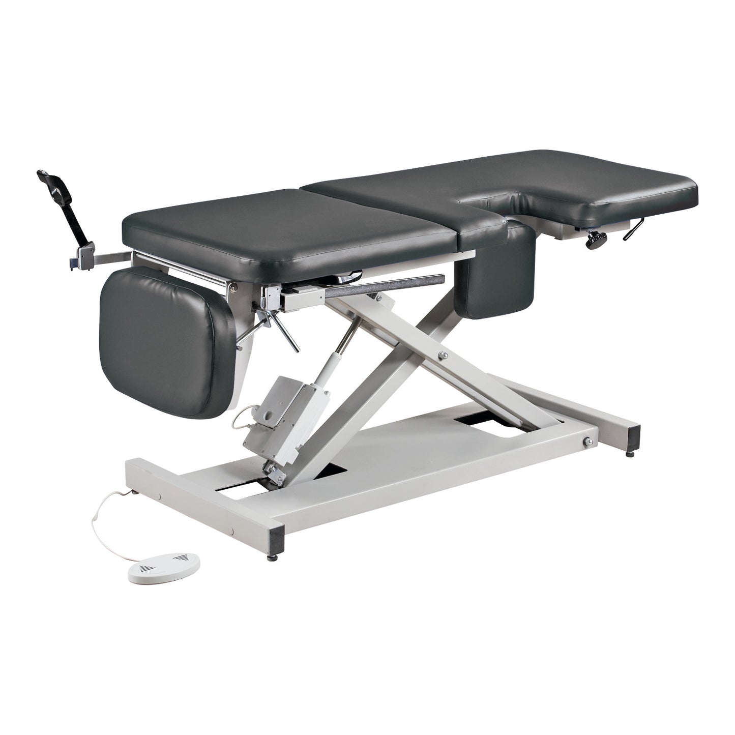 Clinton Multi-Use Power Imaging Table with Stirrups featuring a cushioned, adjustable surface and a foot pedal for height control.