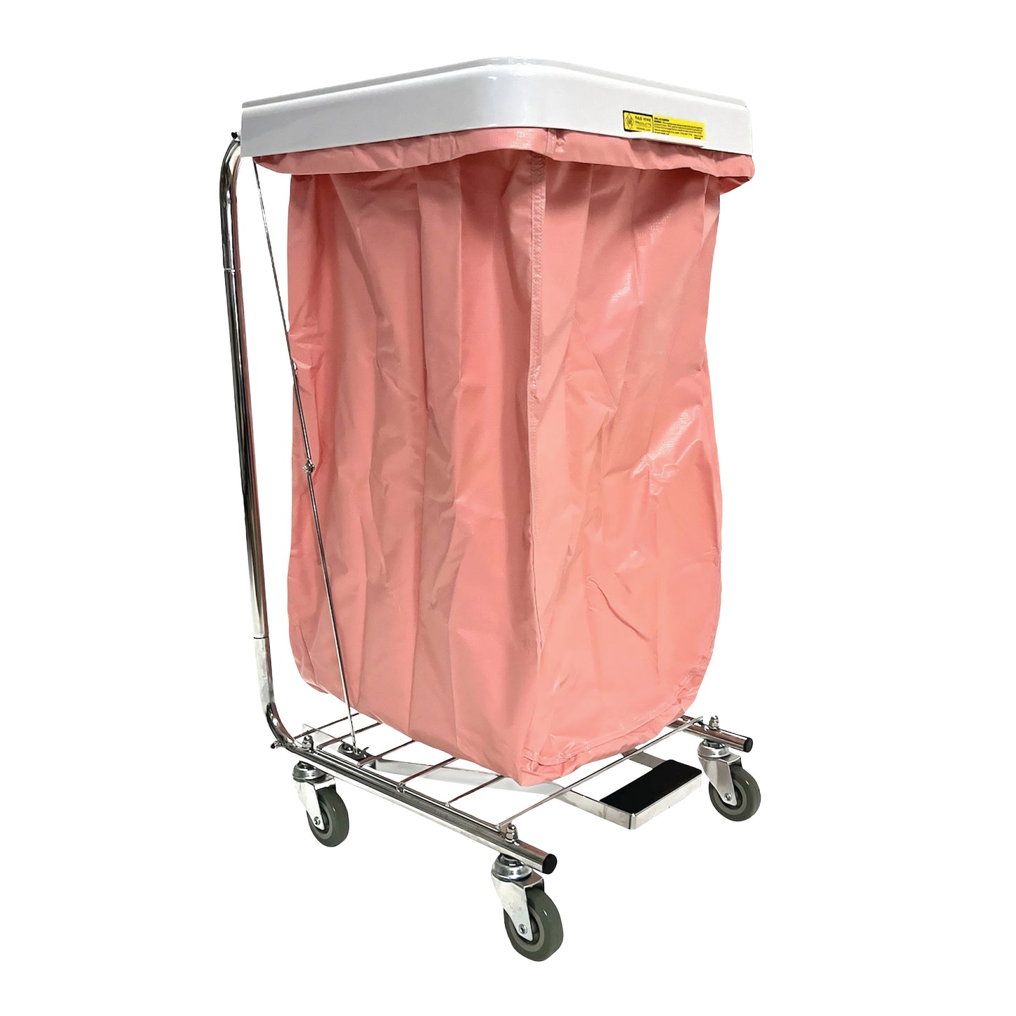 A Reusable Antimicrobial Hamper Bag in pink is attached to a metal frame with wheels for mobility.
