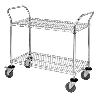 A Quantum Stainless Steel Wire Utility Cart with two wire shelves, handles on each end, and four caster wheels for mobility.