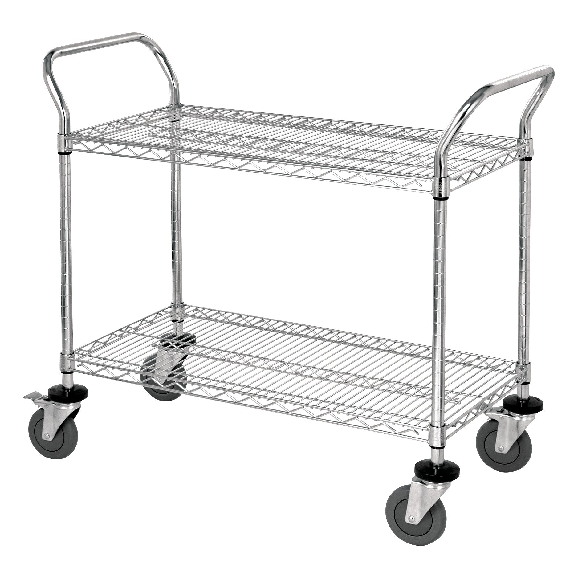 A Quantum Stainless Steel Wire Utility Cart with two shelves and four wheels for easy movement, featuring handles on both ends.