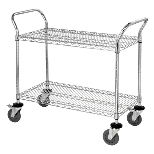 A Quantum Stainless Steel Wire Utility Cart with two shelves and four wheels for easy movement, featuring handles on both ends.