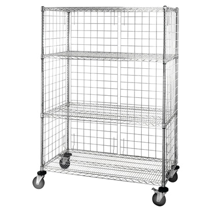 Quantum Chrome Wire Enclosure Exchange and Linen Cart with three shelves and four wheels, featuring a metal grid construction.