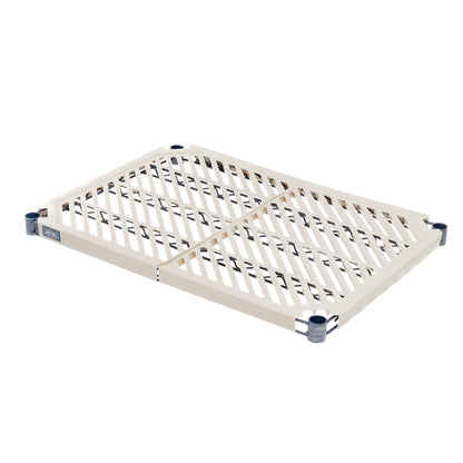 A beige lattice-style Shelf for Nexelon Antimicrobial Shelving Unit with blue corner supports, designed for modular assembly.