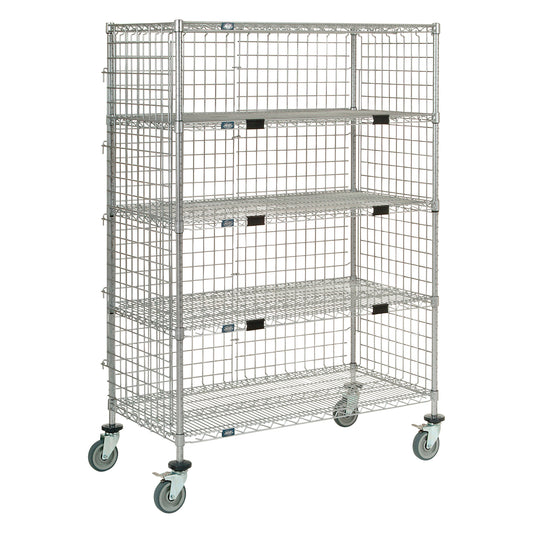 Metallic four-shelf Enclosed Wire Shelf Cart with wheels and an open grid design, suitable for storage and transport.