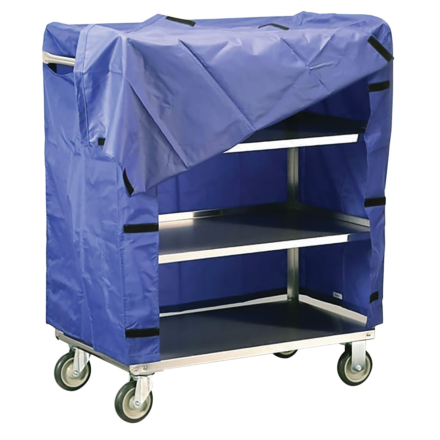 Lakeside 4-Shelf Stainless Steel Linen Cart with a blue cover, partially open, showing empty stainless steel shelves and wheels.