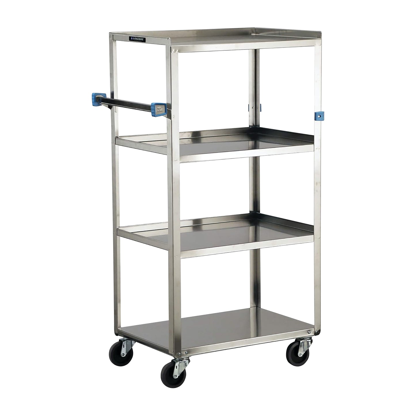 Lakeside 4-Shelf Stainless Steel Linen Cart with four caster wheels and three open shelves, featuring a push handle for easy mobility.
