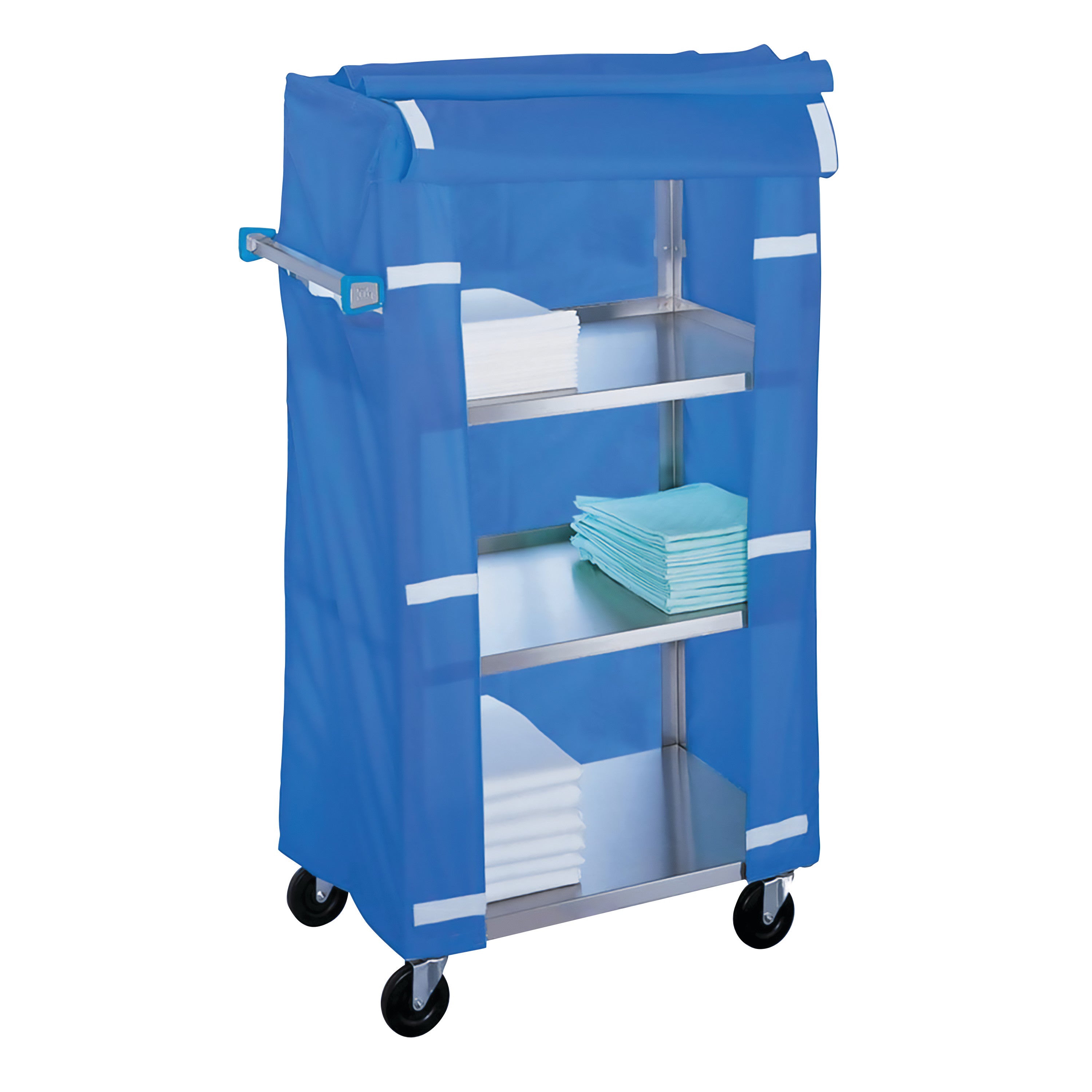 Blue cover on a Lakeside 4-Shelf Stainless Steel Linen Cart, 200-lb. capacity, holding folded linens on wheels.
